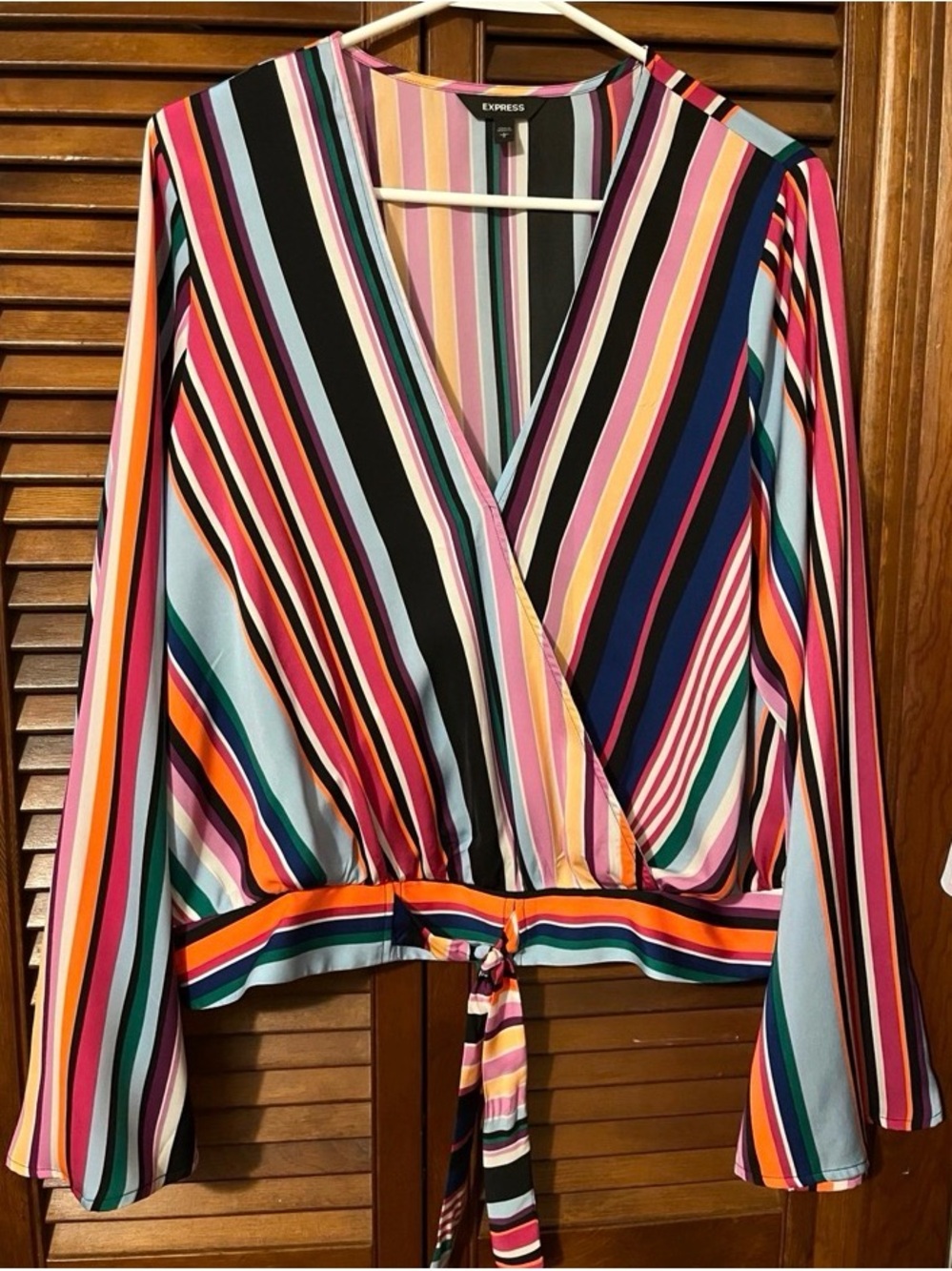 Express Multicolor Striped Wrap Blouse - Pink, Blue, Black, Green